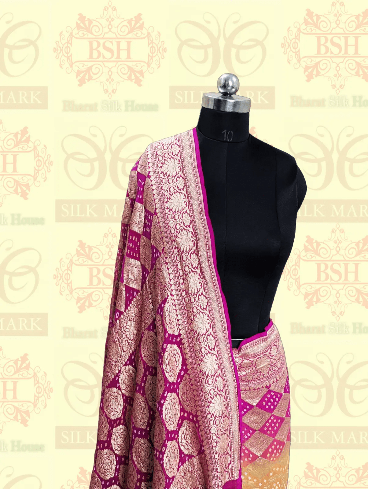 Georgette Jaal Banaraasi Bandhani Saree In Shades Of Rani & Orange - Bharat Silk House