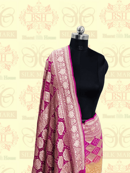 Georgette Jaal Banaraasi Bandhani Saree In Shades Of Rani & Orange - Bharat Silk House