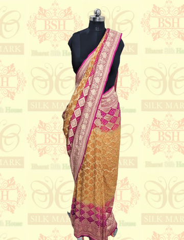 Georgette Jaal Banaraasi Bandhani Saree In Shades Of Rani & Orange - Bharat Silk House Bandhej