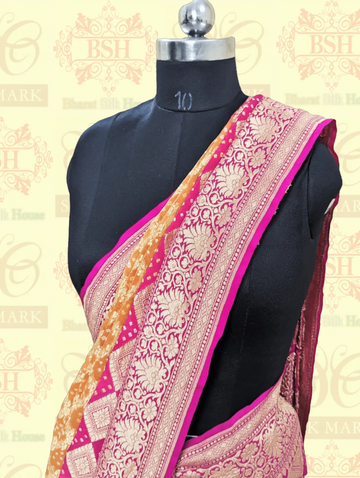 Georgette Jaal Banaraasi Bandhani Saree In Shades Of Rani & Orange - Bharat Silk House Bandhej
