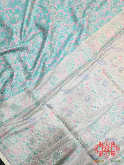 Gnocchi Beige Dohri Resham Zari Booti Tanchoi Silk Saree - Bharat Silk House Tanchoi katan