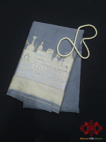 Gray Banaras Ghats Weaved Silk Saree - Bharat Silk House Semi-Silk
