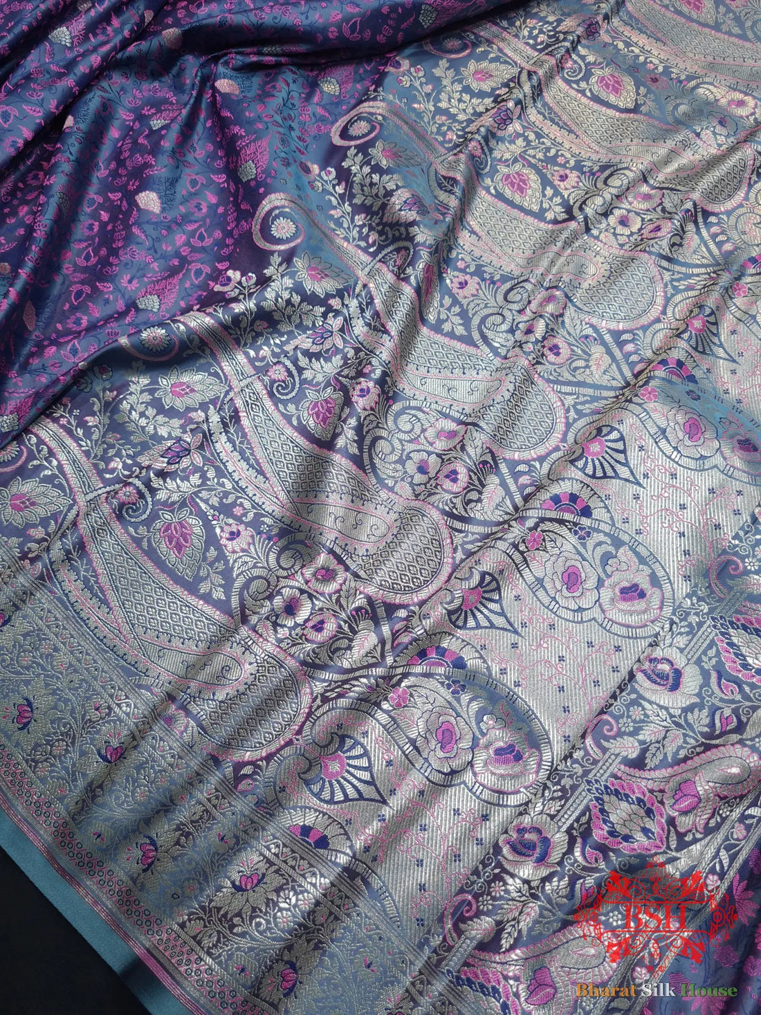 Gray Dohri Reshan Zari Booti Tanchoi Silk Saree - Bharat Silk House Tanchoi katan