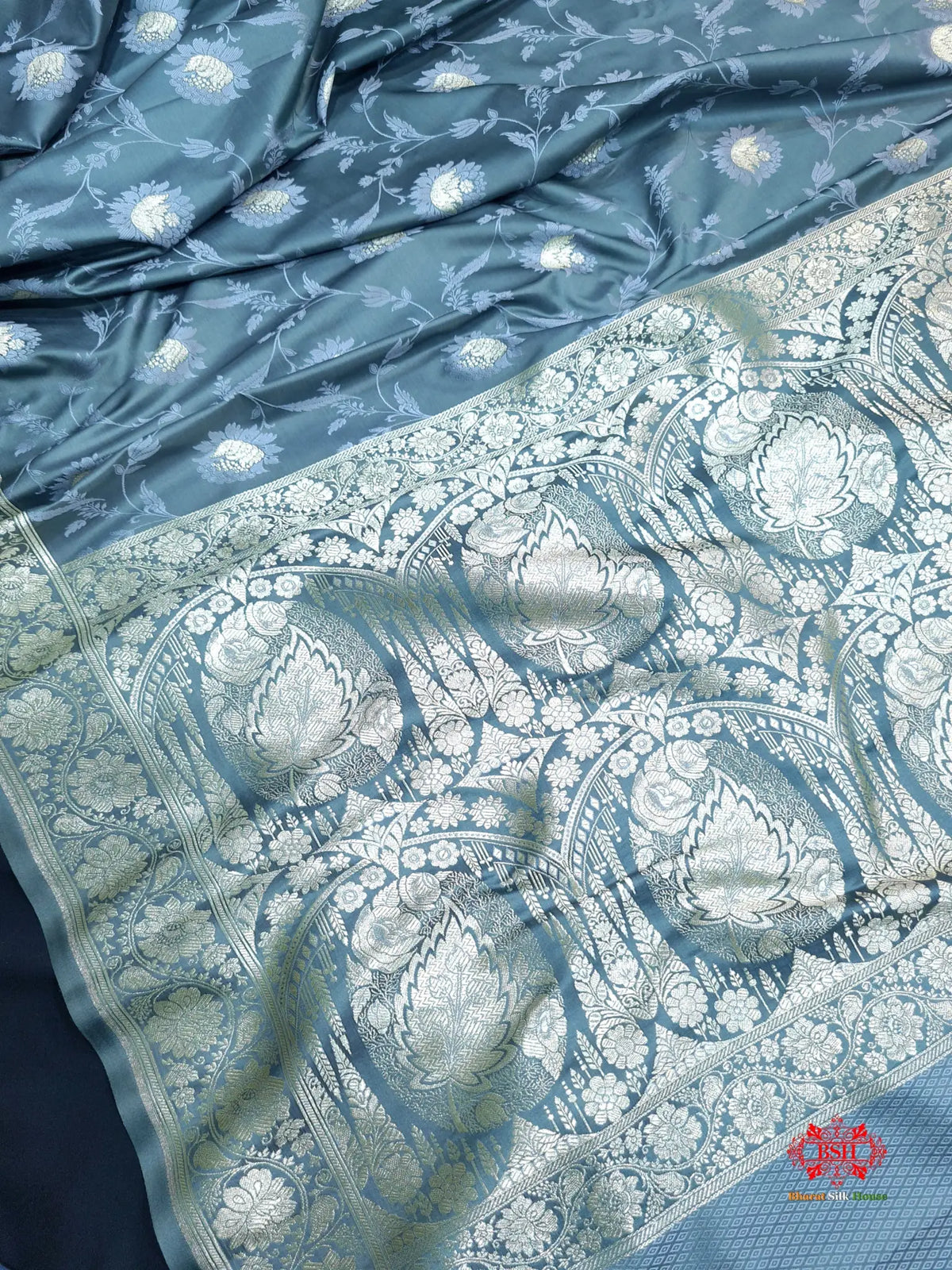 Gray Single Zari Tanchoi Silk Saree - Bharat Silk House Tanchoi katan
