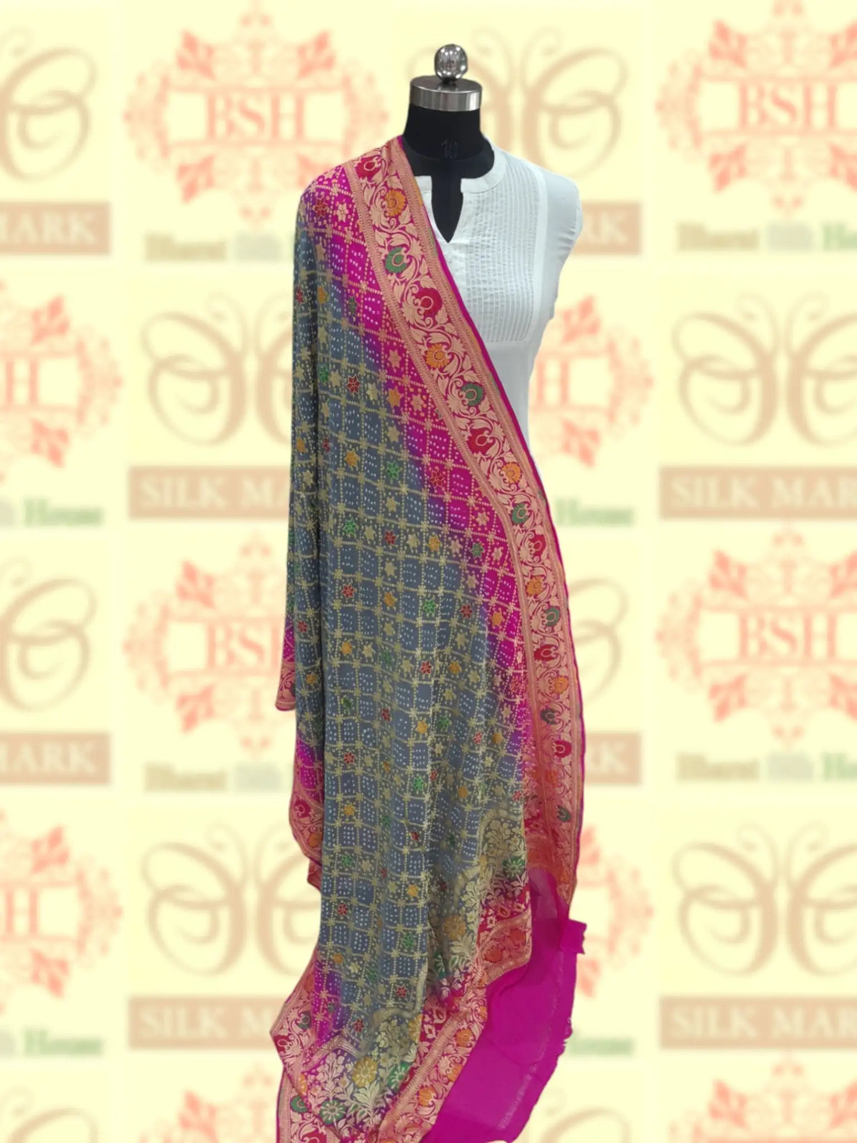 Gray/Pink Georgette Banarasi Handloom Menakari Bandhani Dupatta - Bharat Silk House Bandhej