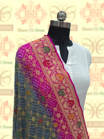Gray/Pink Georgette Banarasi Handloom Menakari Bandhani Dupatta - Bharat Silk House Bandhej
