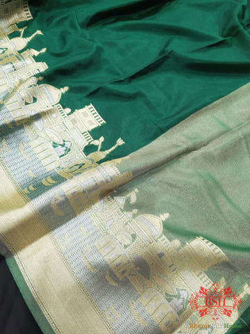 Green Banaras Ghats Weaved Silk Saree - Bharat Silk House Semi-Silk