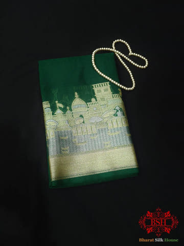 Green Banaras Ghats Weaved Silk Saree - Bharat Silk House Semi-Silk