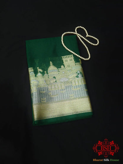 Green Banaras Ghats Weaved Silk Saree - Bharat Silk House Semi-Silk