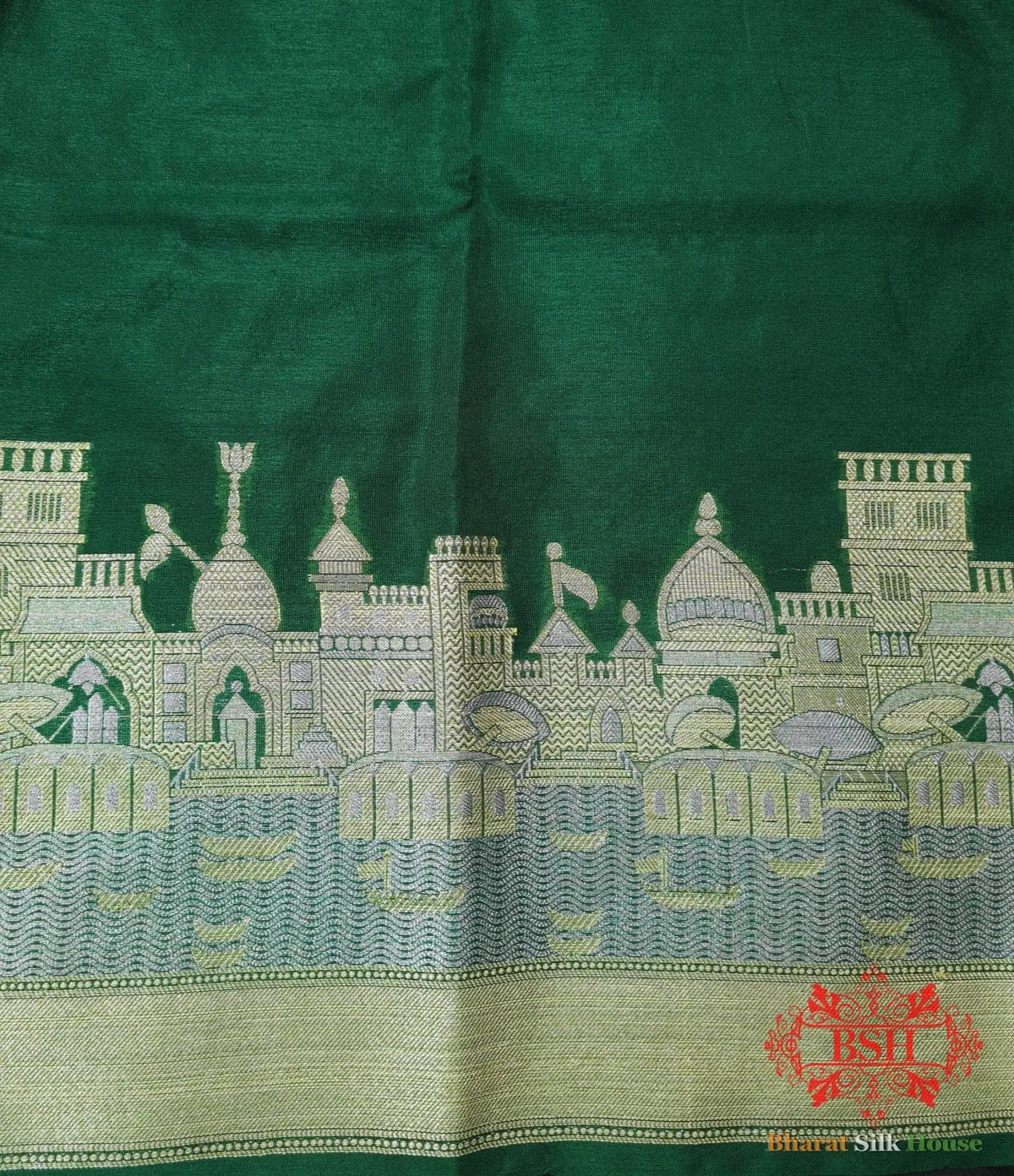 Green Banaras Ghats Weaved Silk Saree - Bharat Silk House Semi-Silk