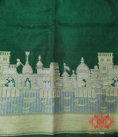 Green Banaras Ghats Weaved Silk Saree - Bharat Silk House Semi-Silk