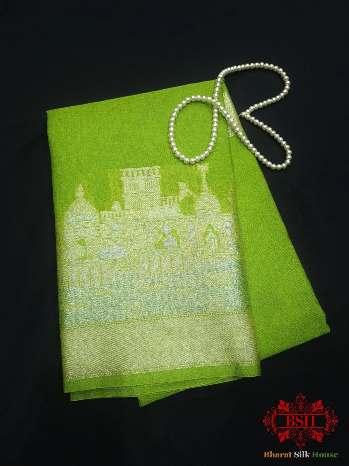 Green Banaras Ghats Weaved Silk Saree - Bharat Silk House Semi-Silk