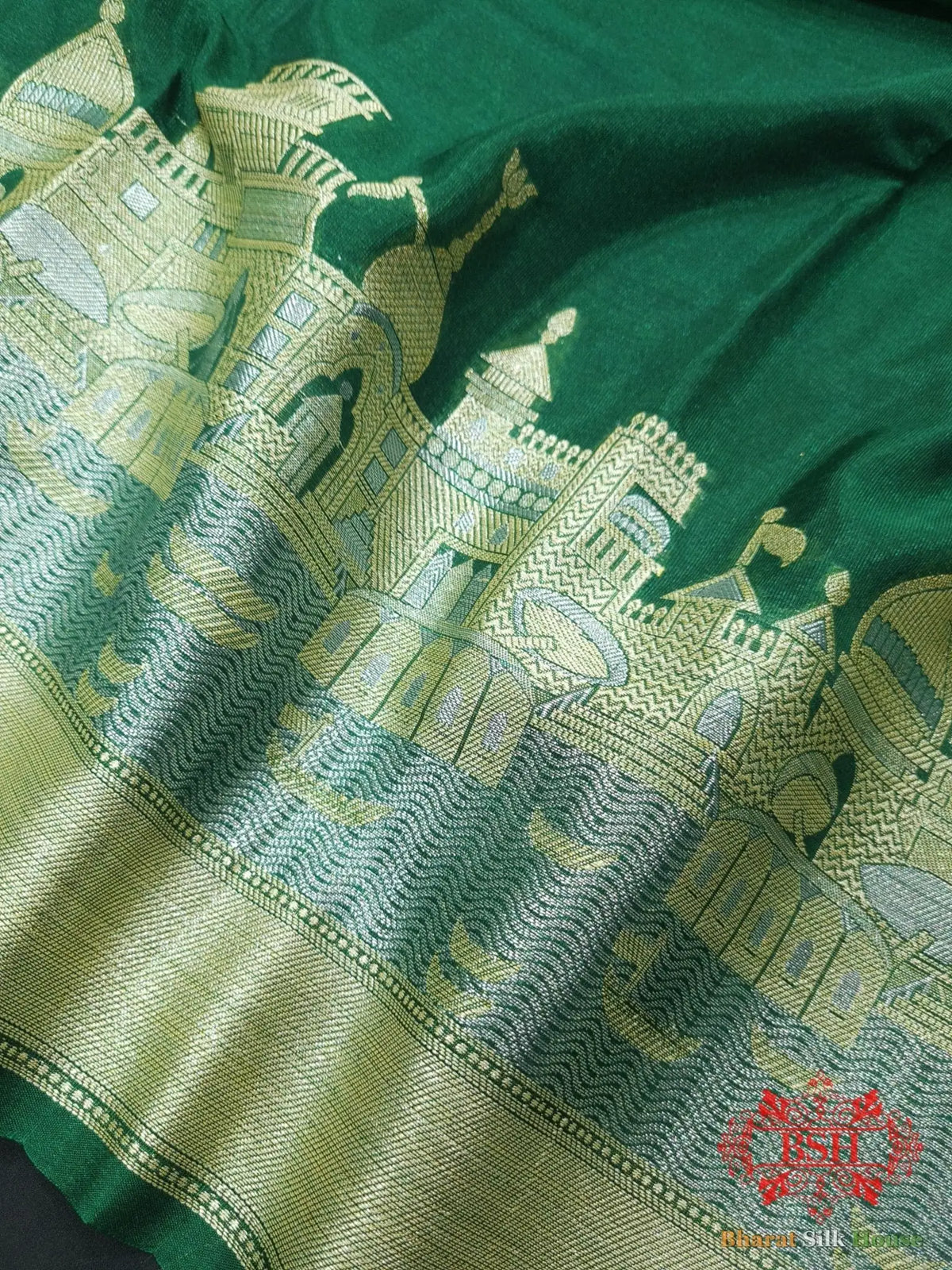 Green Banaras Ghats Weaved Silk Saree - Bharat Silk House Semi-Silk