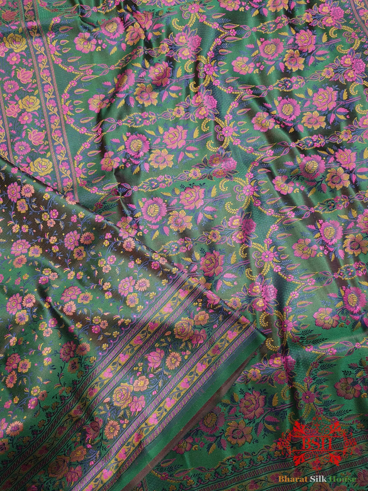 Green Chauthera (Four Color) Resham Zari Tanchoi Katan Silk Saree - Bharat Silk House Tanchoi katan