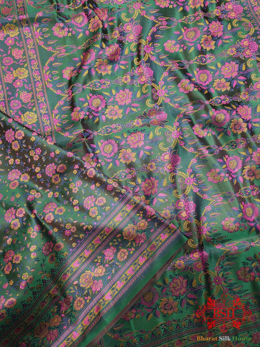Green Chauthera (Four Color) Resham Zari Tanchoi Katan Silk Saree - Bharat Silk House Tanchoi katan