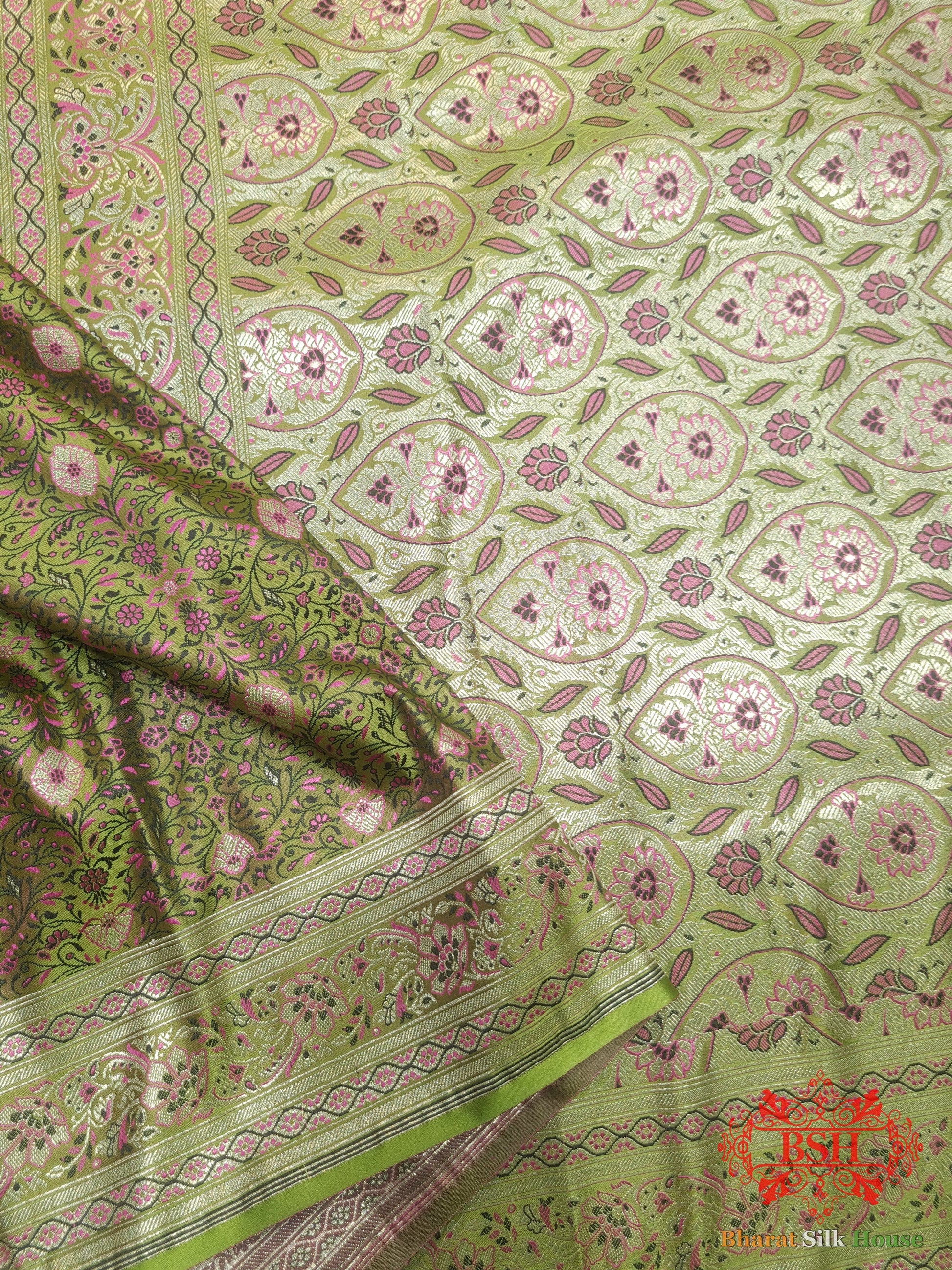 Green Dohri Resham Zari Booti Tanchoi Silk Saree - Bharat Silk House