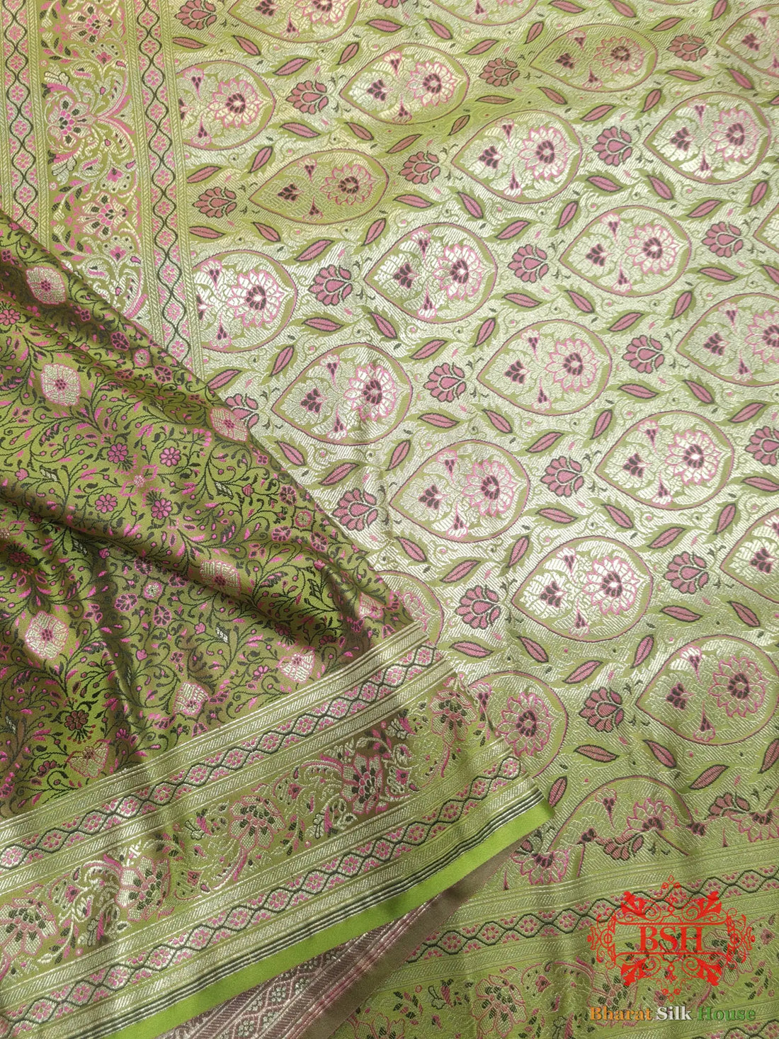 Green Dohri Resham Zari Booti Tanchoi Silk Saree - Bharat Silk House Tanchoi katan
