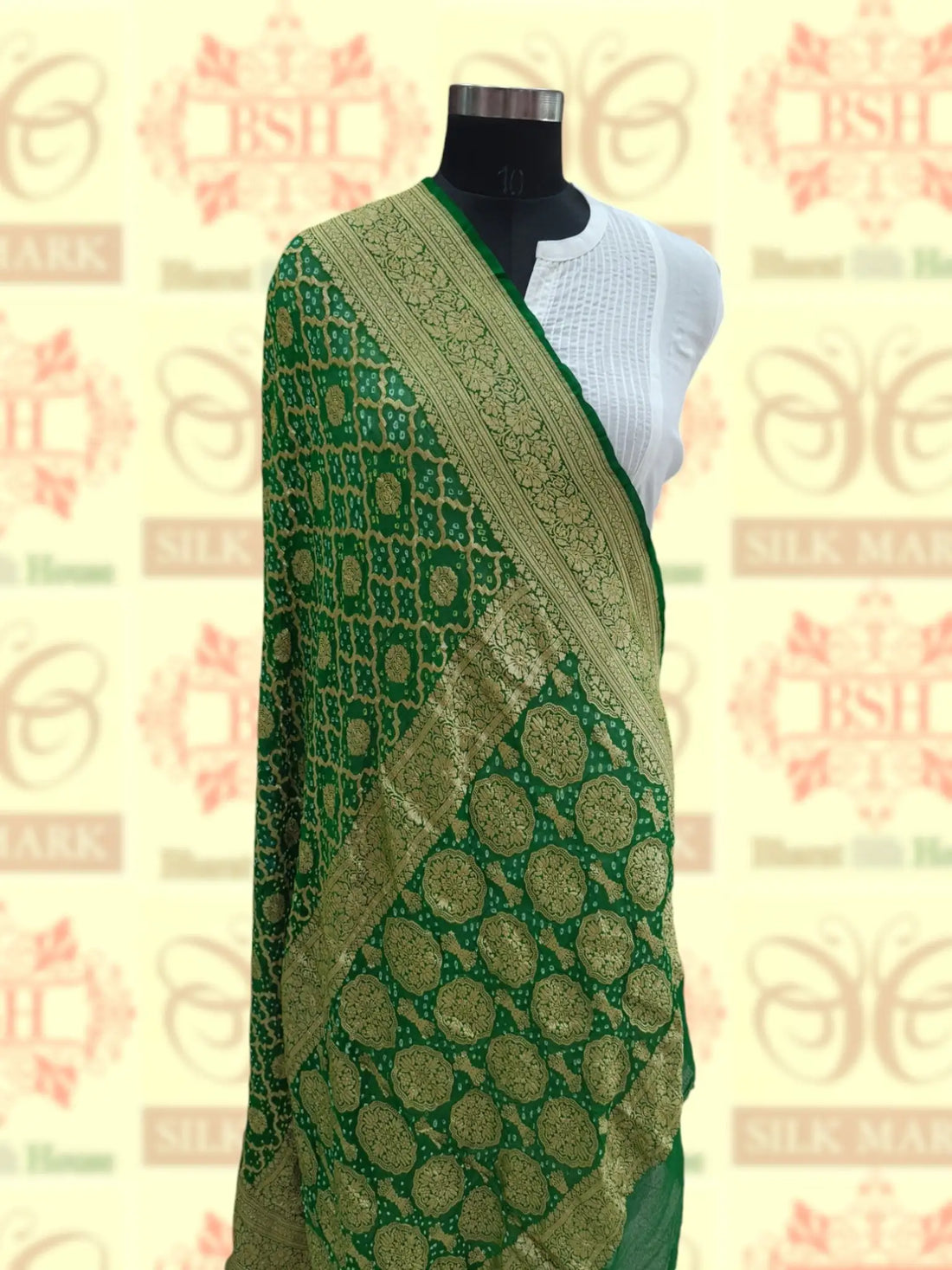 Green Georgette Banarasi Handloom Bandhani Dupatta - Bharat Silk House Bandhej