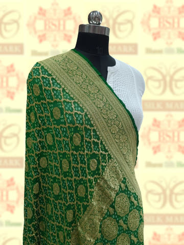 Green Georgette Banarasi Handloom Bandhani Dupatta - Bharat Silk House Bandhej