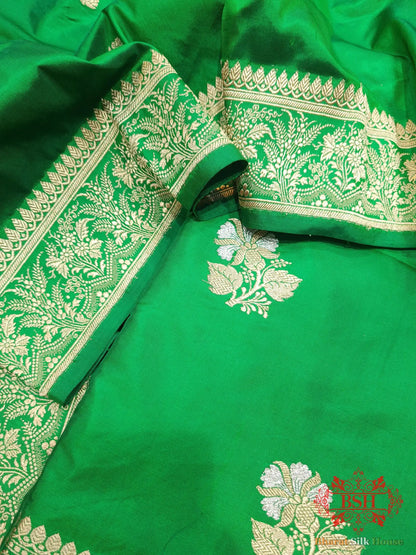 Green Handloom Banarasi Silk Suit Piece - Bharat Silk House Pure Kataan Silk