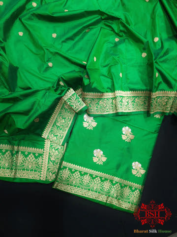 Green Handloom Banarasi Silk Suit Piece - Bharat Silk House Pure Kataan Silk