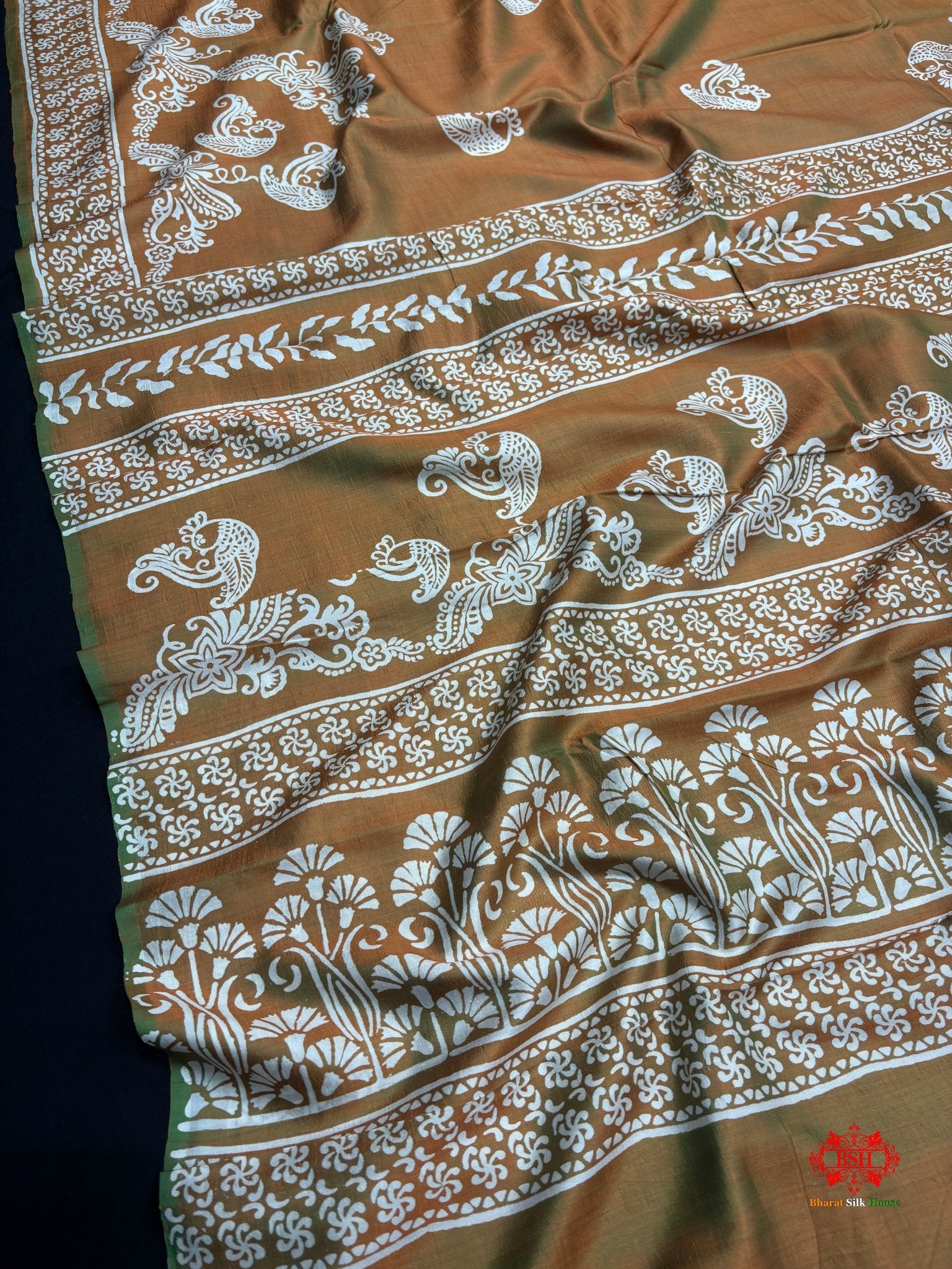 Green/French Beige Cross Colour Pure Katan Lightweight Digital Art Summer Wear Saree - Bharat Silk House katan silk