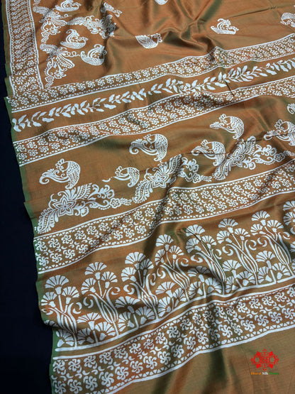 Green/French Beige Cross Colour Pure Katan Lightweight Digital Art Summer Wear Saree - Bharat Silk House katan silk