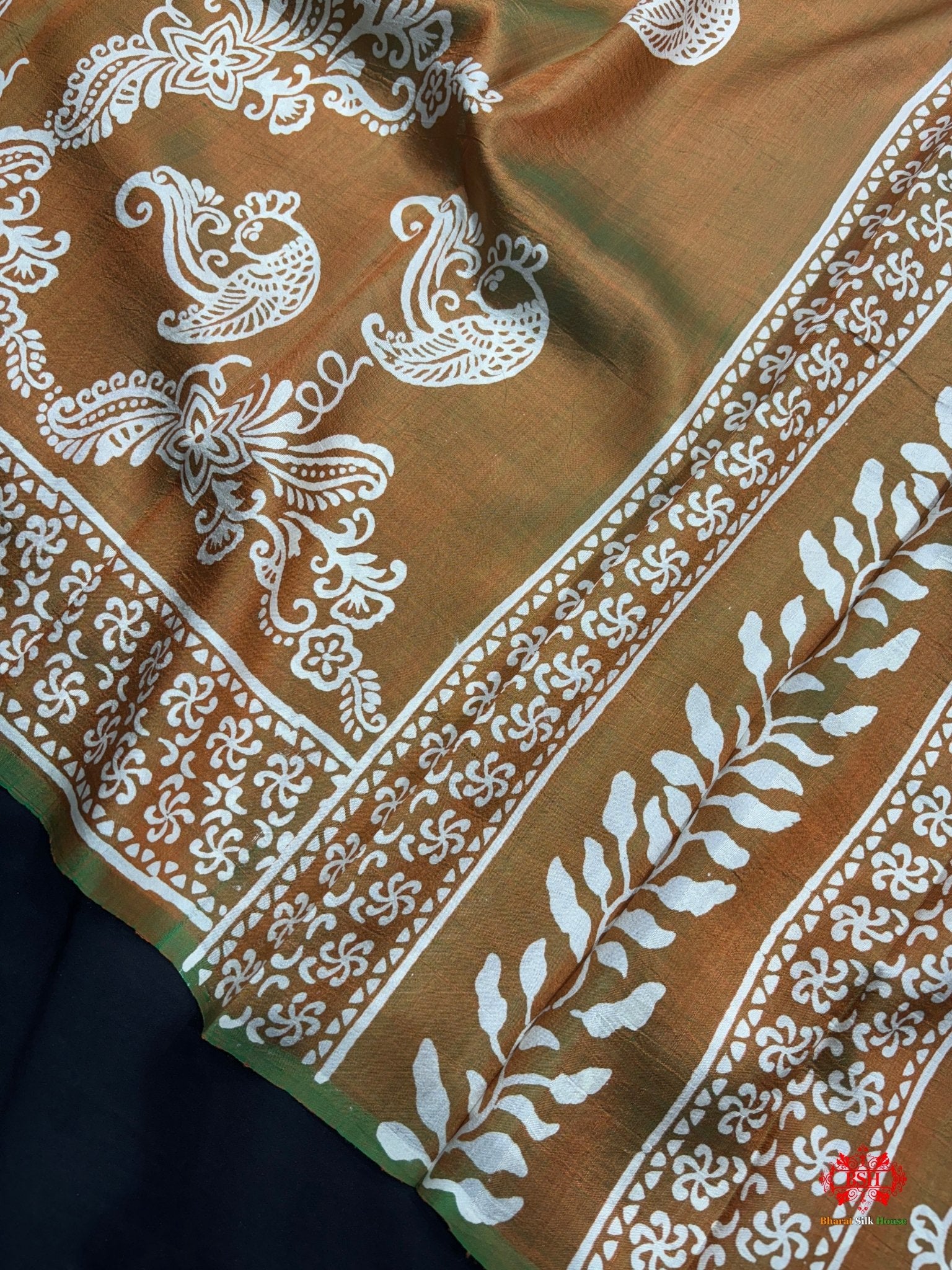 Green/French Beige Cross Colour Pure Katan Lightweight Digital Art Summer Wear Saree - Bharat Silk House katan silk