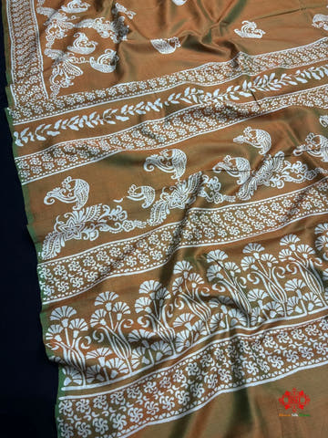 Green/French Beige Cross Colour Pure Katan Lightweight Digital Art Summer Wear Saree - Bharat Silk House katan silk
