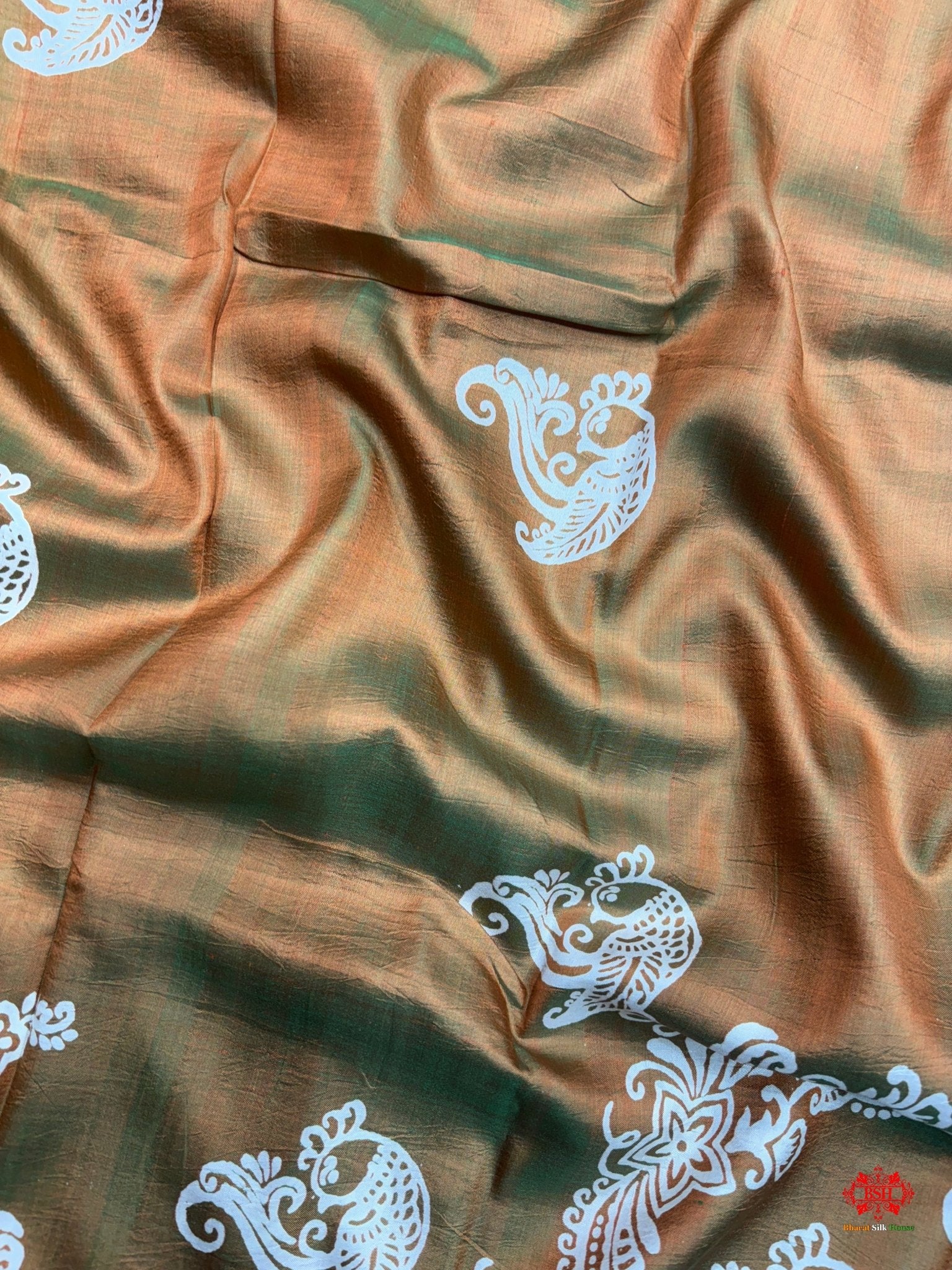 Green/French Beige Cross Colour Pure Katan Lightweight Digital Art Summer Wear Saree - Bharat Silk House katan silk