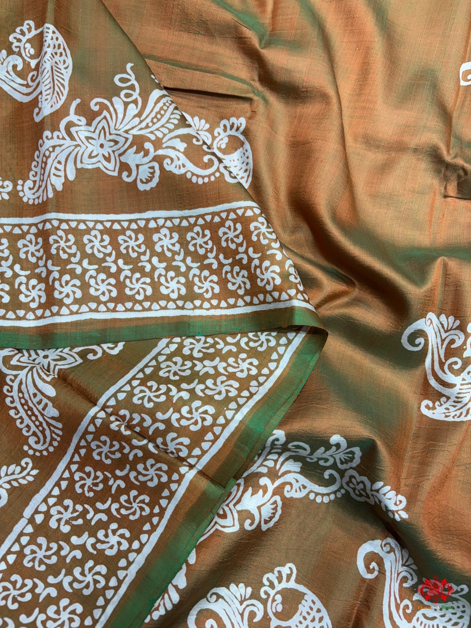 Green/French Beige Cross Colour Pure Katan Lightweight Digital Art Summer Wear Saree - Bharat Silk House katan silk