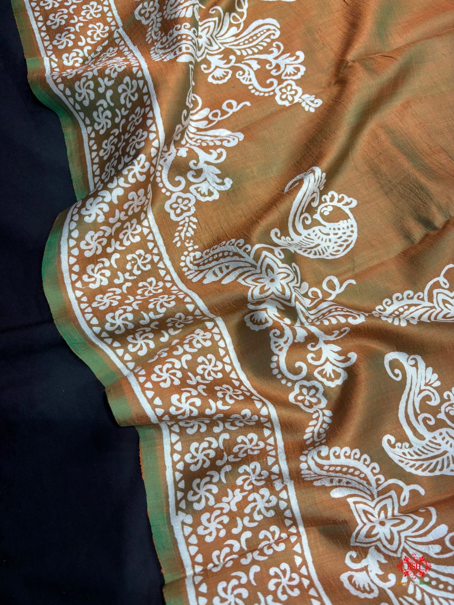 Green/French Beige Cross Colour Pure Katan Lightweight Digital Art Summer Wear Saree - Bharat Silk House katan silk
