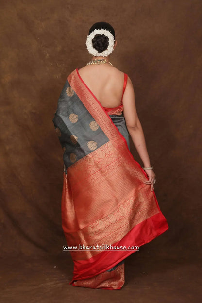 Grey Pure Tussar Moonga Silk Handloom Sare With Zari Border - Bharat Silk House Tussar