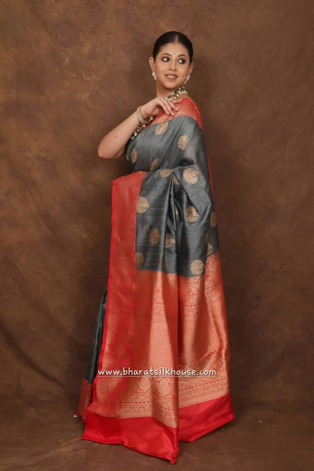 Grey Pure Tussar Moonga Silk Handloom Sare With Zari Border - Bharat Silk House Tussar