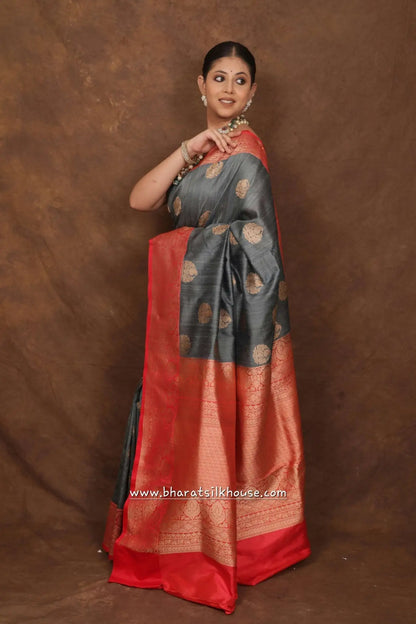 Grey Pure Tussar Moonga Silk Handloom Sare With Zari Border - Bharat Silk House Tussar