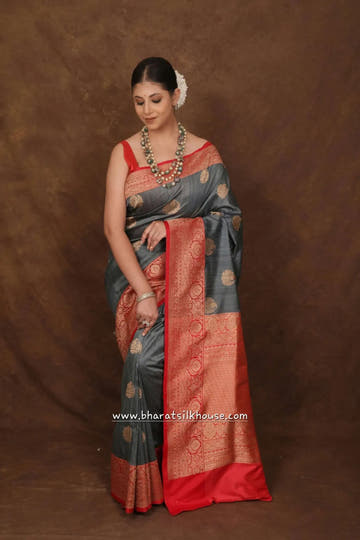 Grey Pure Tussar Moonga Silk Handloom Sare With Zari Border - Bharat Silk House Tussar
