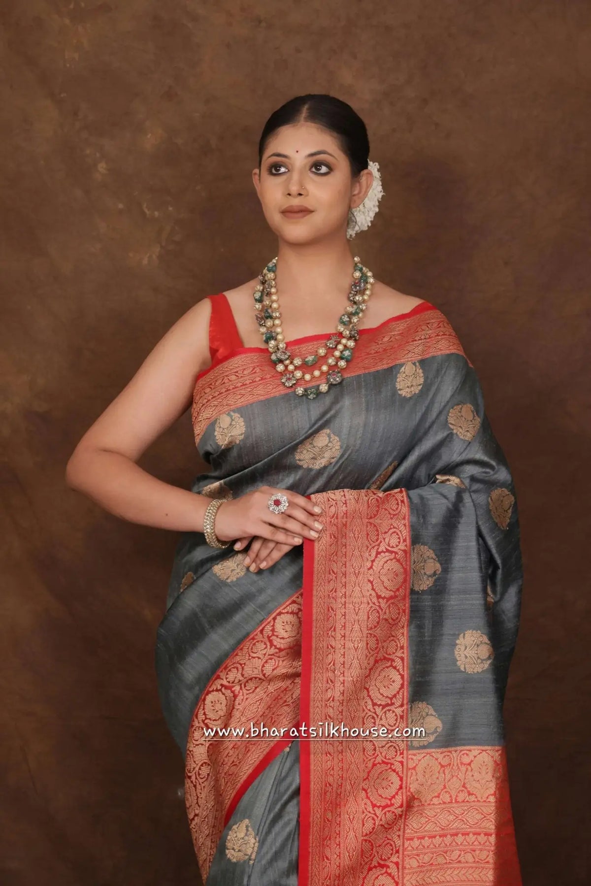 Grey Pure Tussar Moonga Silk Handloom Sare With Zari Border - Bharat Silk House Tussar