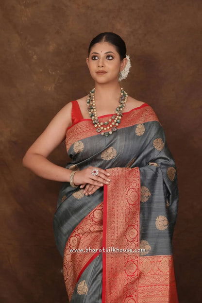 Grey Pure Tussar Moonga Silk Handloom Sare With Zari Border - Bharat Silk House Tussar