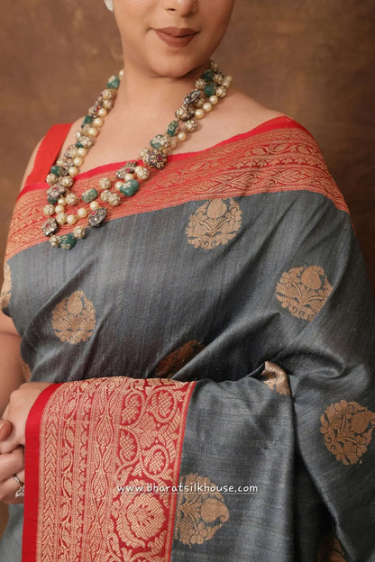 Grey Pure Tussar Moonga Silk Handloom Sare With Zari Border - Bharat Silk House Tussar