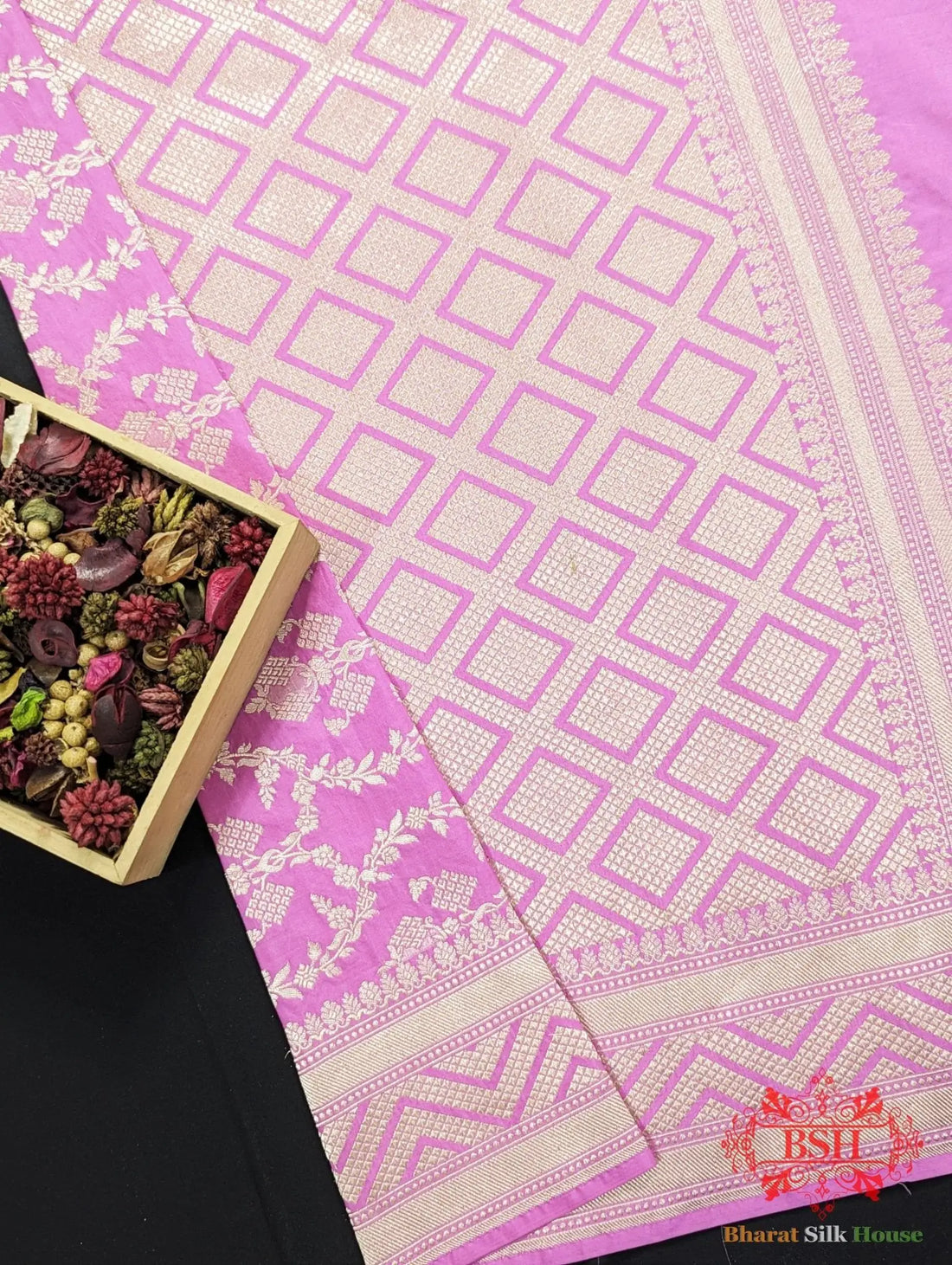 Handloom Banaraasi Pure Kataan Silk Saree Floral JaalcIn Shades Of Rani - Bharat Silk House Pure Kataan Silk