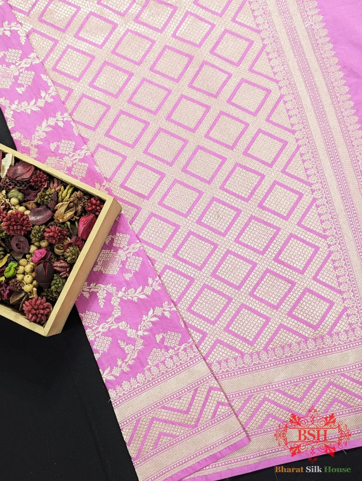 Handloom Banaraasi Pure Kataan Silk Saree Floral JaalcIn Shades Of Rani - Bharat Silk House Pure Kataan Silk