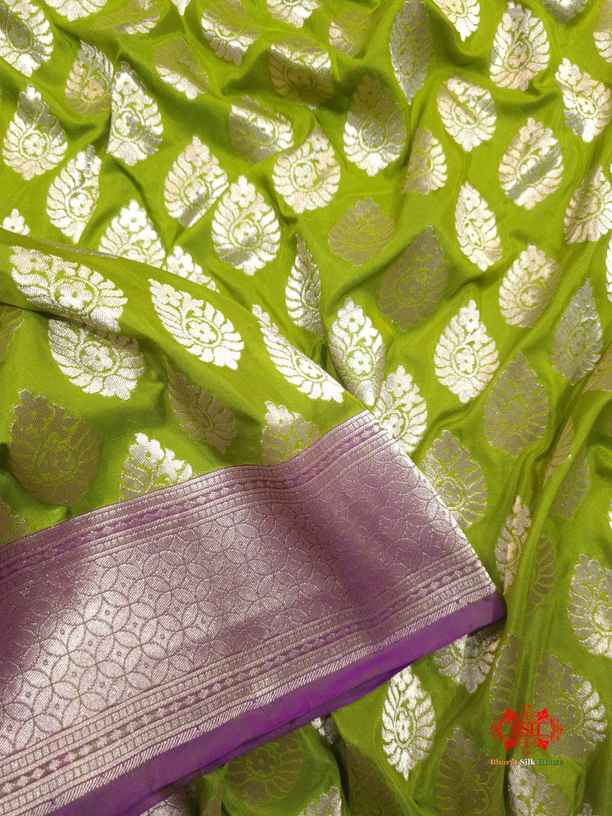 Handloom Banarasi Pure Katan Silk Floral Booti In Shades Of Green - Bharat Silk House Opara Silk