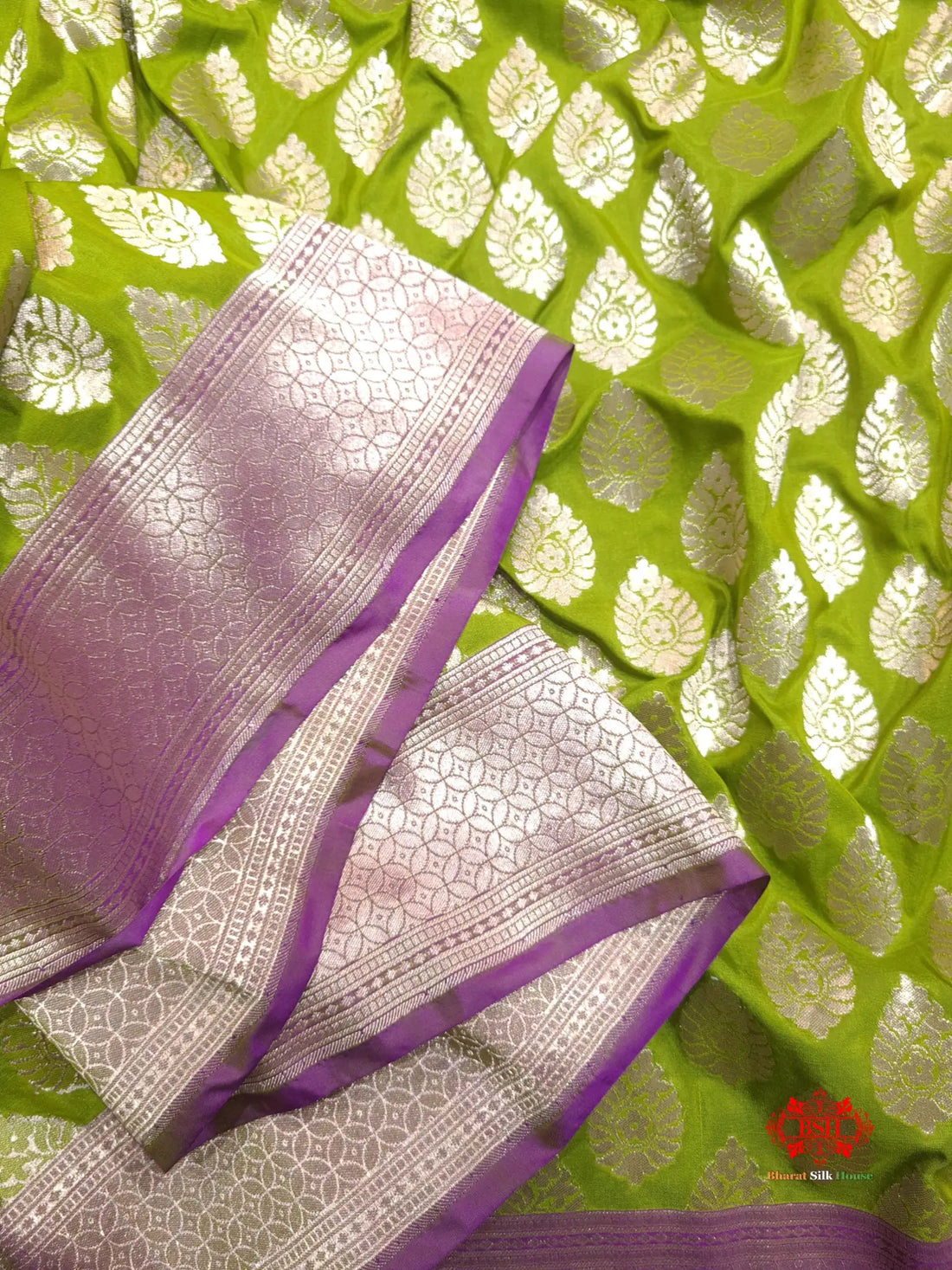 Handloom Banarasi Pure Katan Silk Floral Booti In Shades Of Green - Bharat Silk House Opara Silk