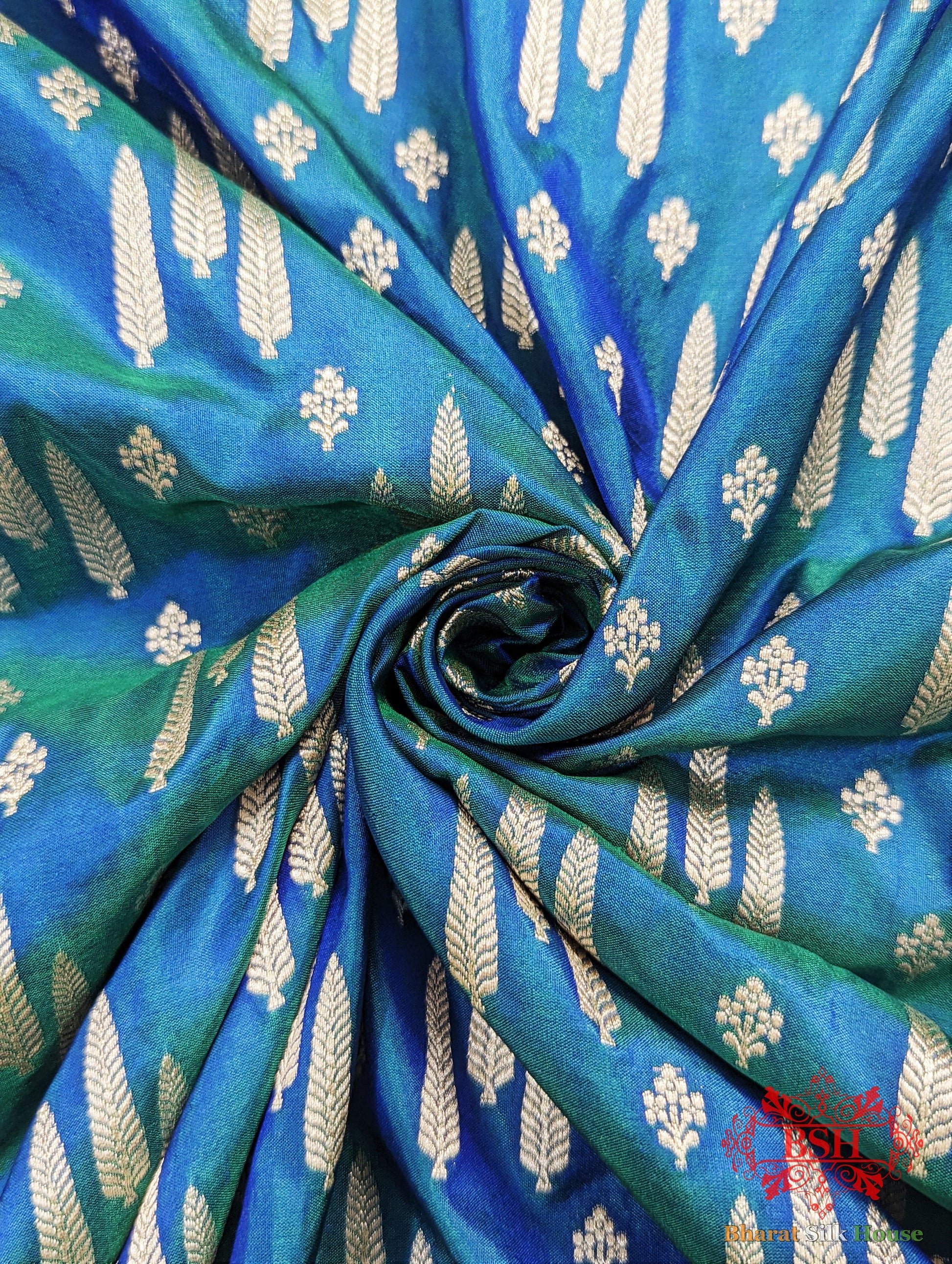 Handloom Banarasi Pure Katan Silk Floral Booti In Shades Of Peacock - Bharat Silk House