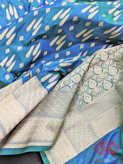 Handloom Banarasi Pure Katan Silk Floral Booti In Shades Of Peacock - Bharat Silk House