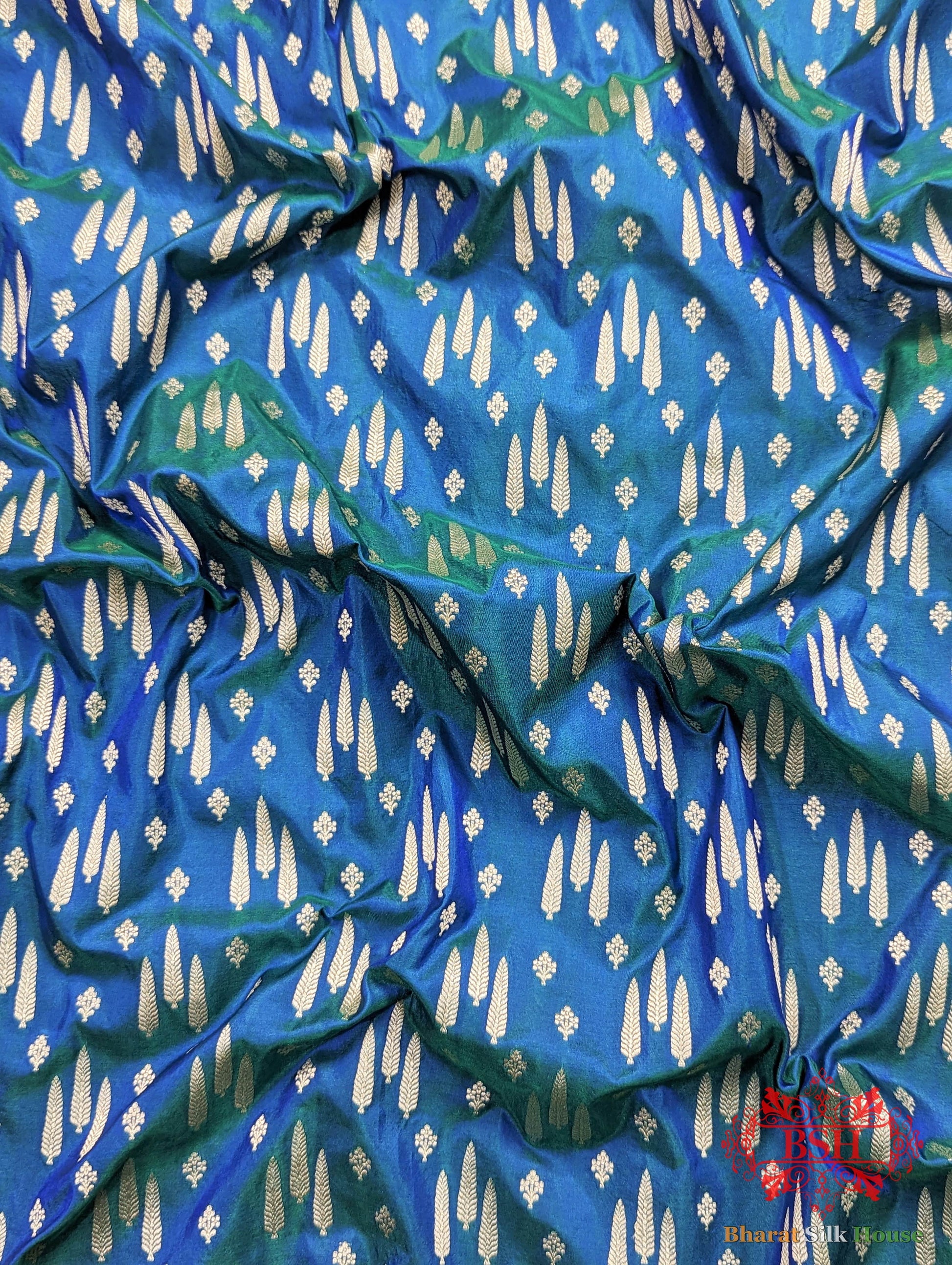 Handloom Banarasi Pure Katan Silk Floral Booti In Shades Of Peacock - Bharat Silk House