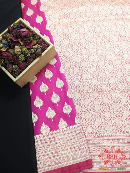 Handloom Banarasi Pure Katan Silk Floral Booti In Shades Of Pink - Bharat Silk House Pure Kataan Silk