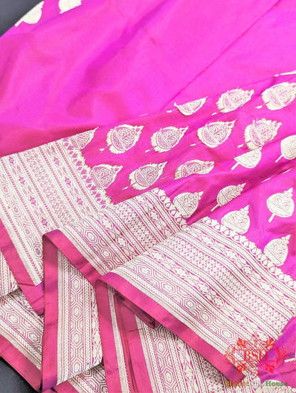 Handloom Banarasi Pure Katan Silk Floral Booti In Shades Of Pink - Bharat Silk House Pure Kataan Silk