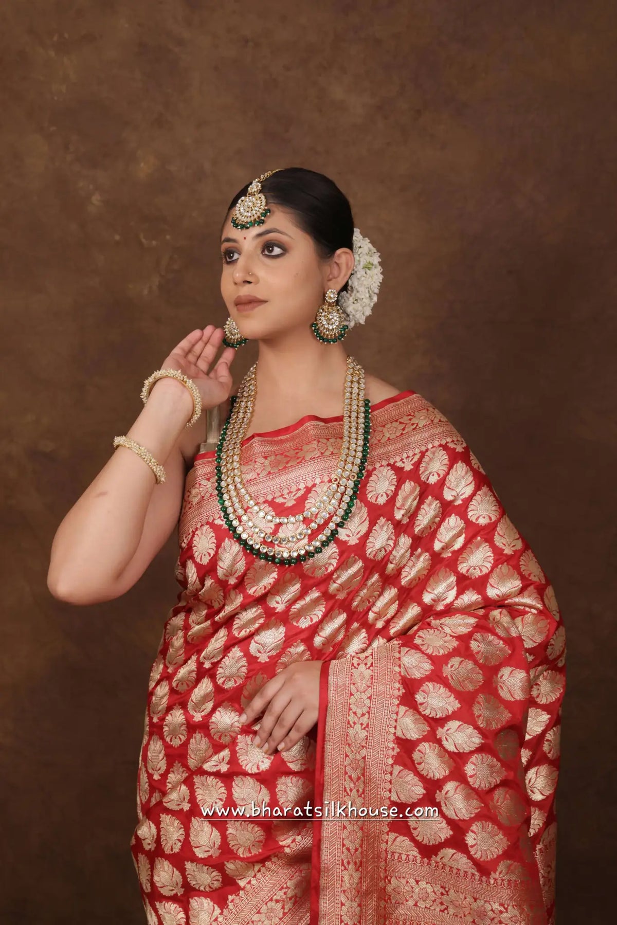 Handloom Banarasi Pure Katan Silk Floral Booti In Shades Of Red - Bharat Silk House Opara Silk