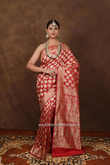 Handloom Banarasi Pure Katan Silk Floral Booti In Shades Of Red - Bharat Silk House Opara Silk